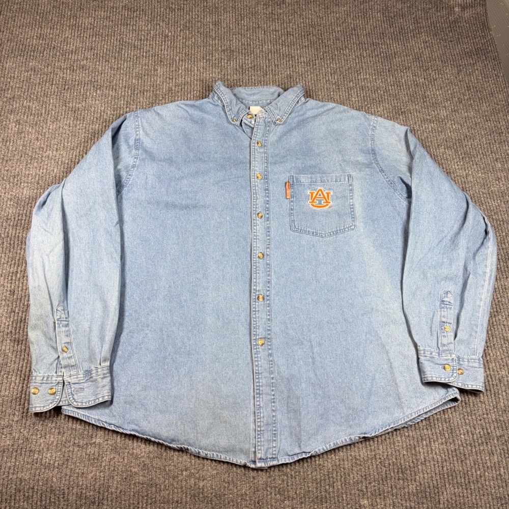 Red Oak Button Down Mens XXL Auburn Tigers Denim Shirt Light Wash Long Sleeve